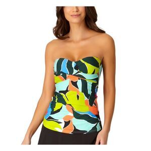 ANNE COLE Women's Green Polynesian Palm Bandeau Tankini Swimsuit Top XS